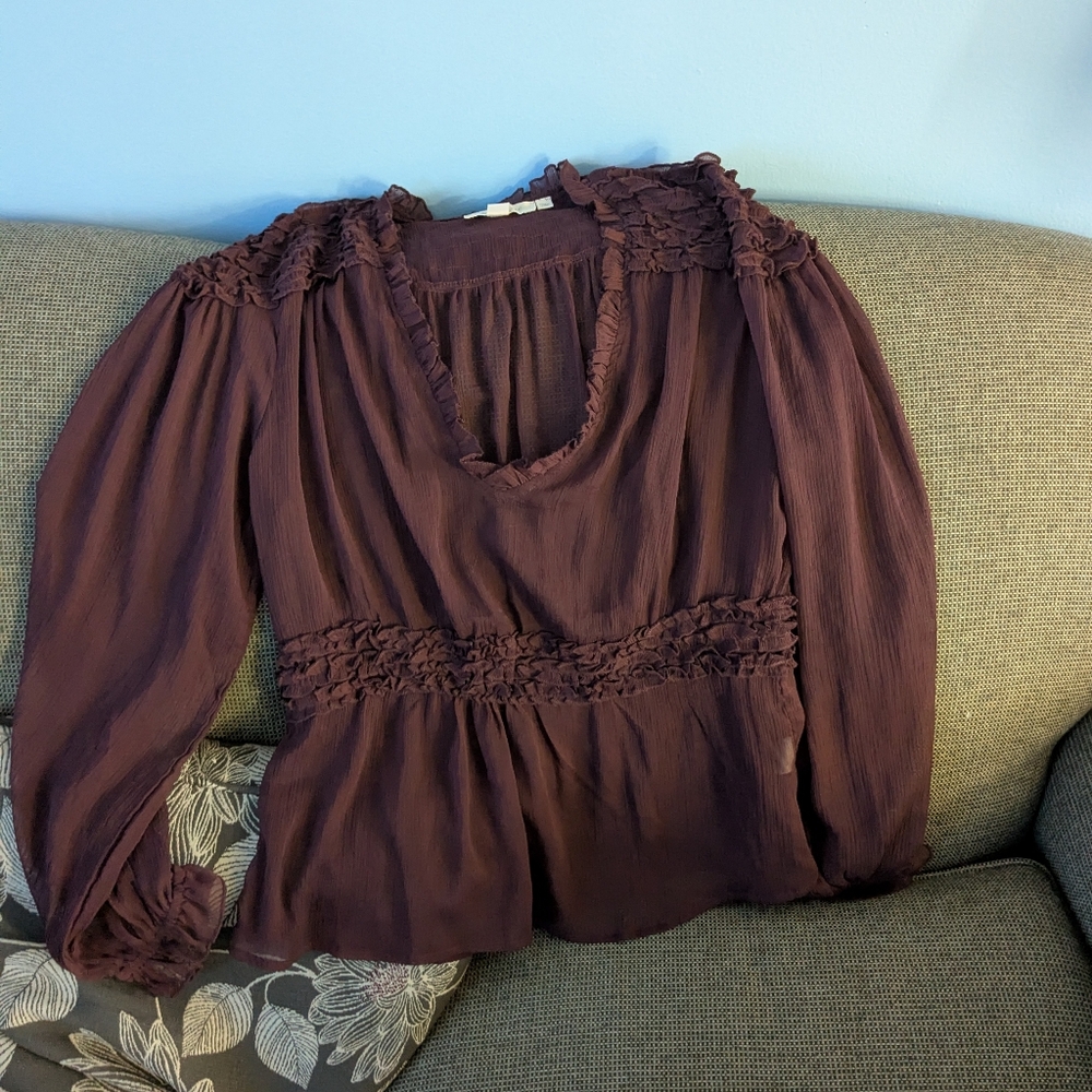 Anthropologie Maroon Sheer Ruffled Blouse